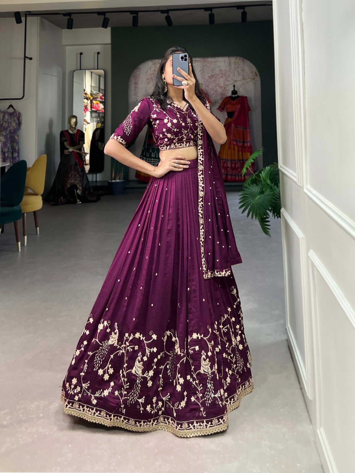 Unstitched Mulberry Colour Lehenga