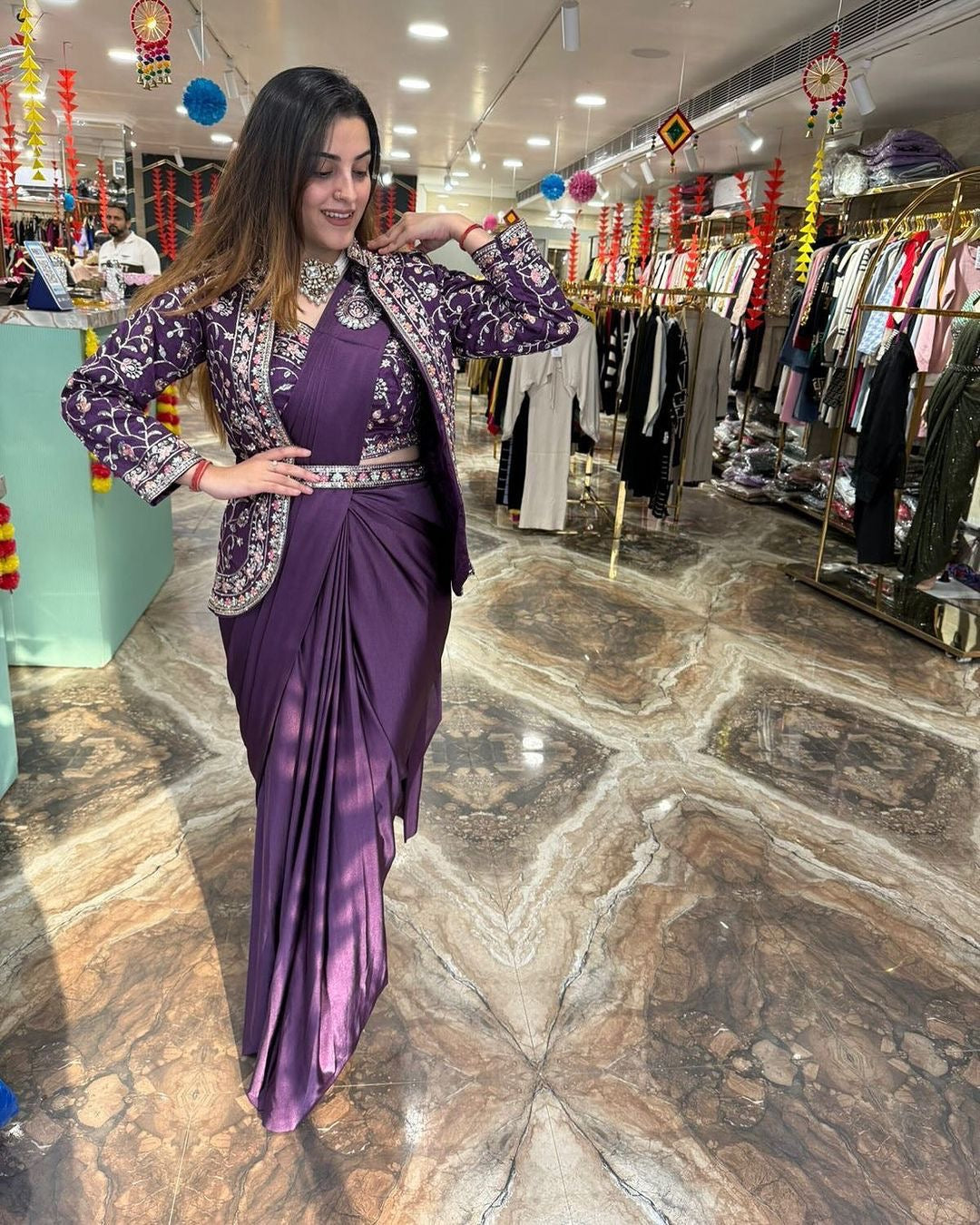 Ready to Wear with Readymade Blouse Purple Floral