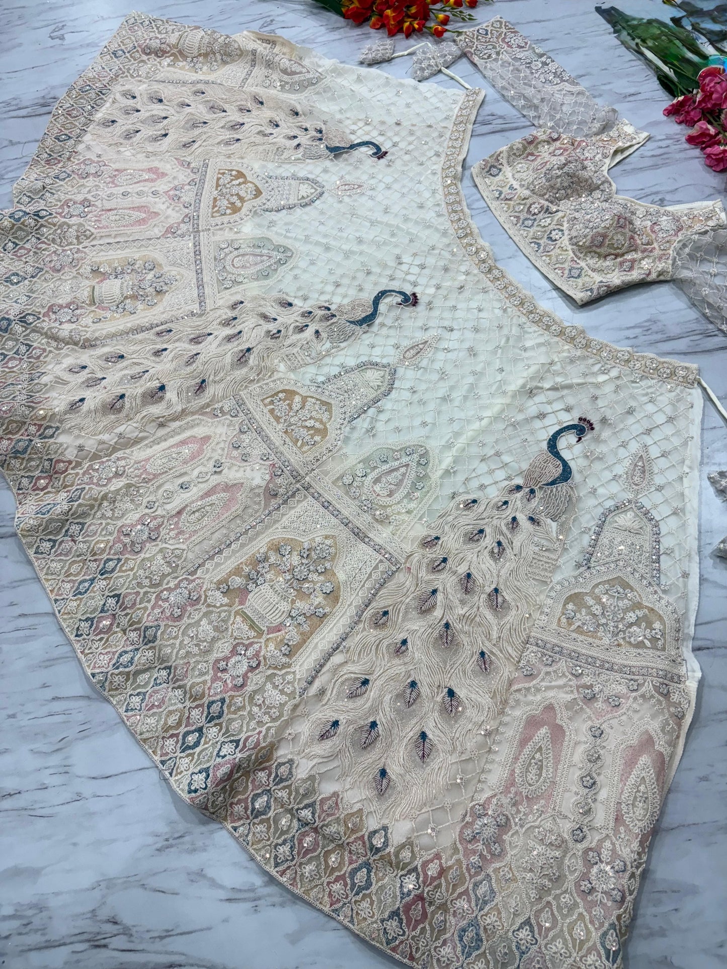 Rajkumari Unstitched Lehenga White