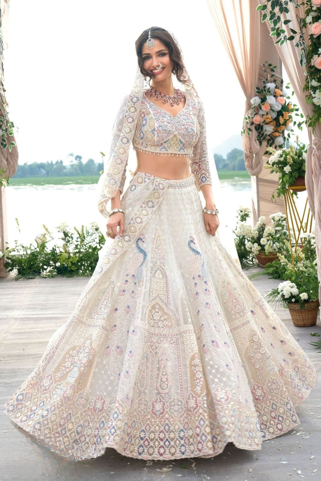 Rajkumari Unstitched Lehenga White