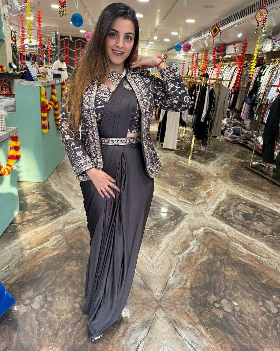 Ready to Wear with Readymade Blouse Black Floral