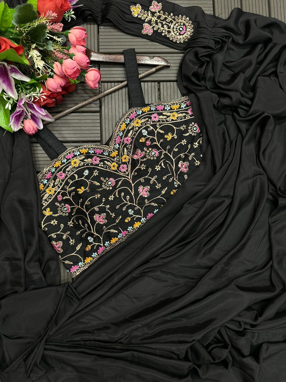 Ready to Wear with Readymade Blouse Black Floral