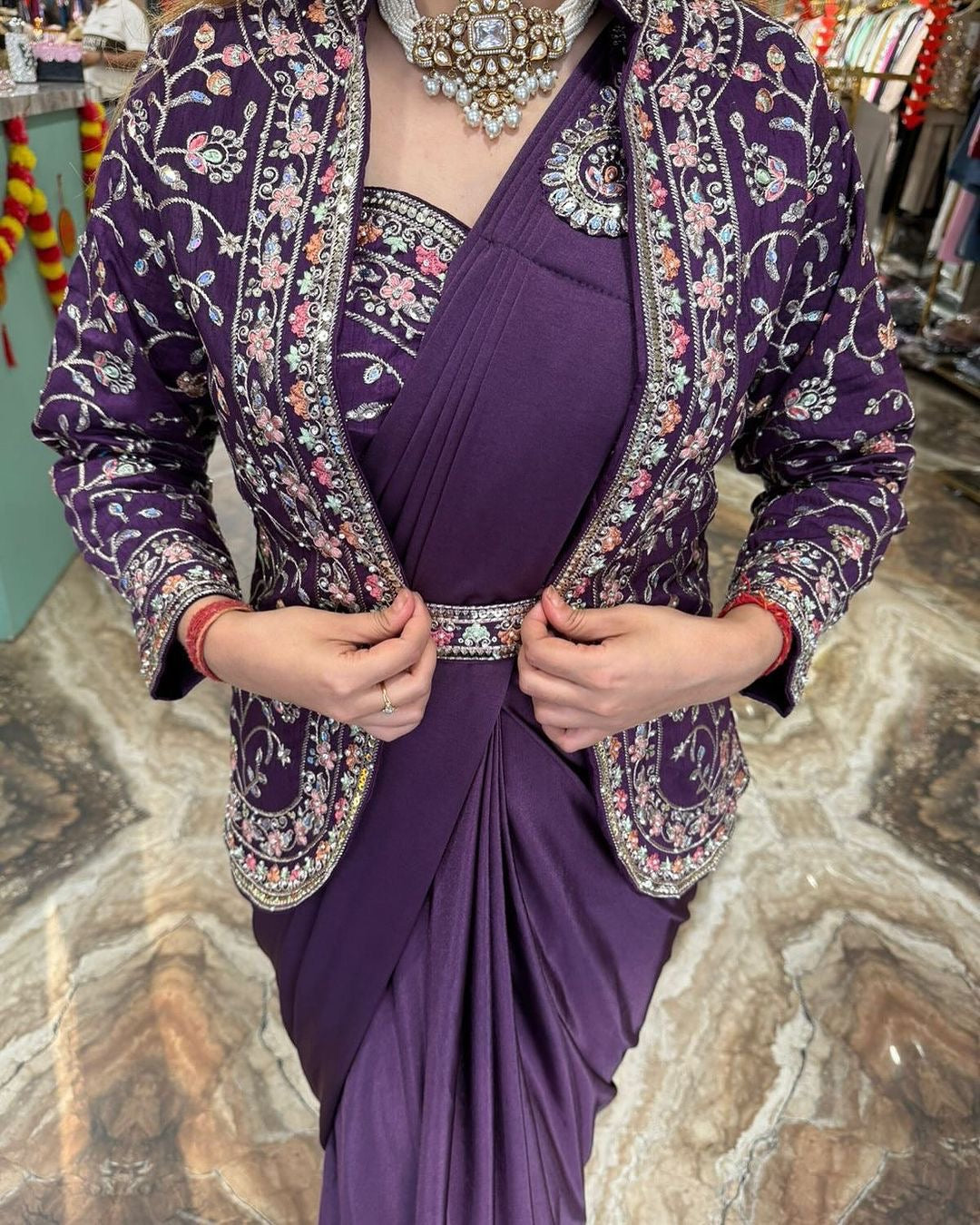 Ready to Wear with Readymade Blouse Purple Floral