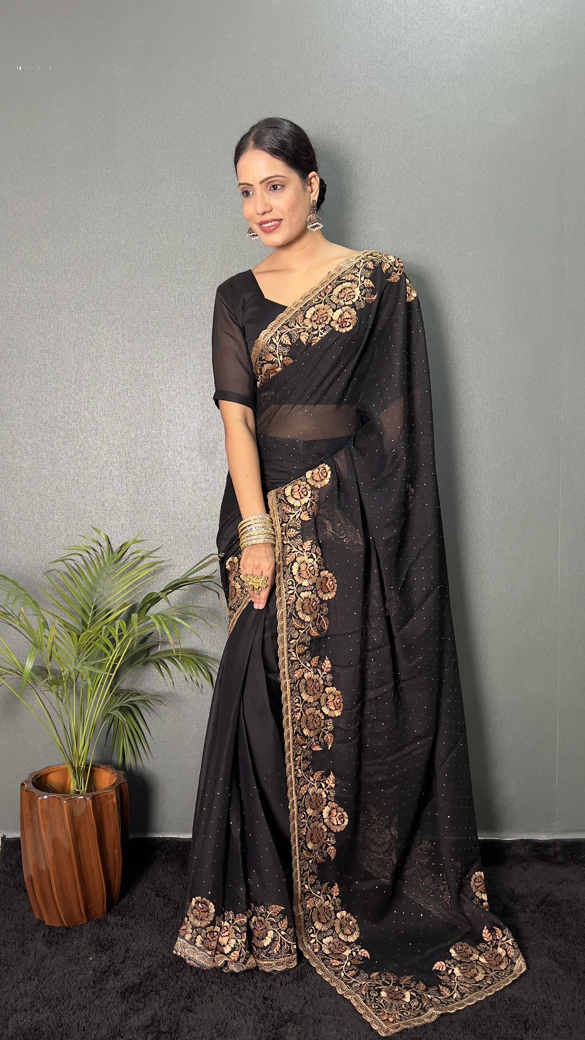 Siyamala Ready To Wear Saree Black with Stitched Blouse