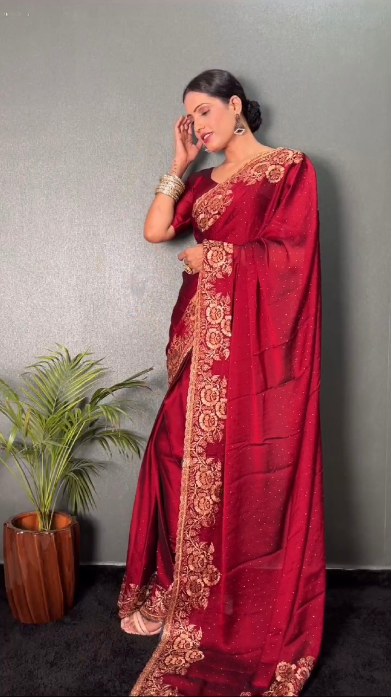 Siyamala Ready To Wear Saree Bordeaux with Stitched Blouse