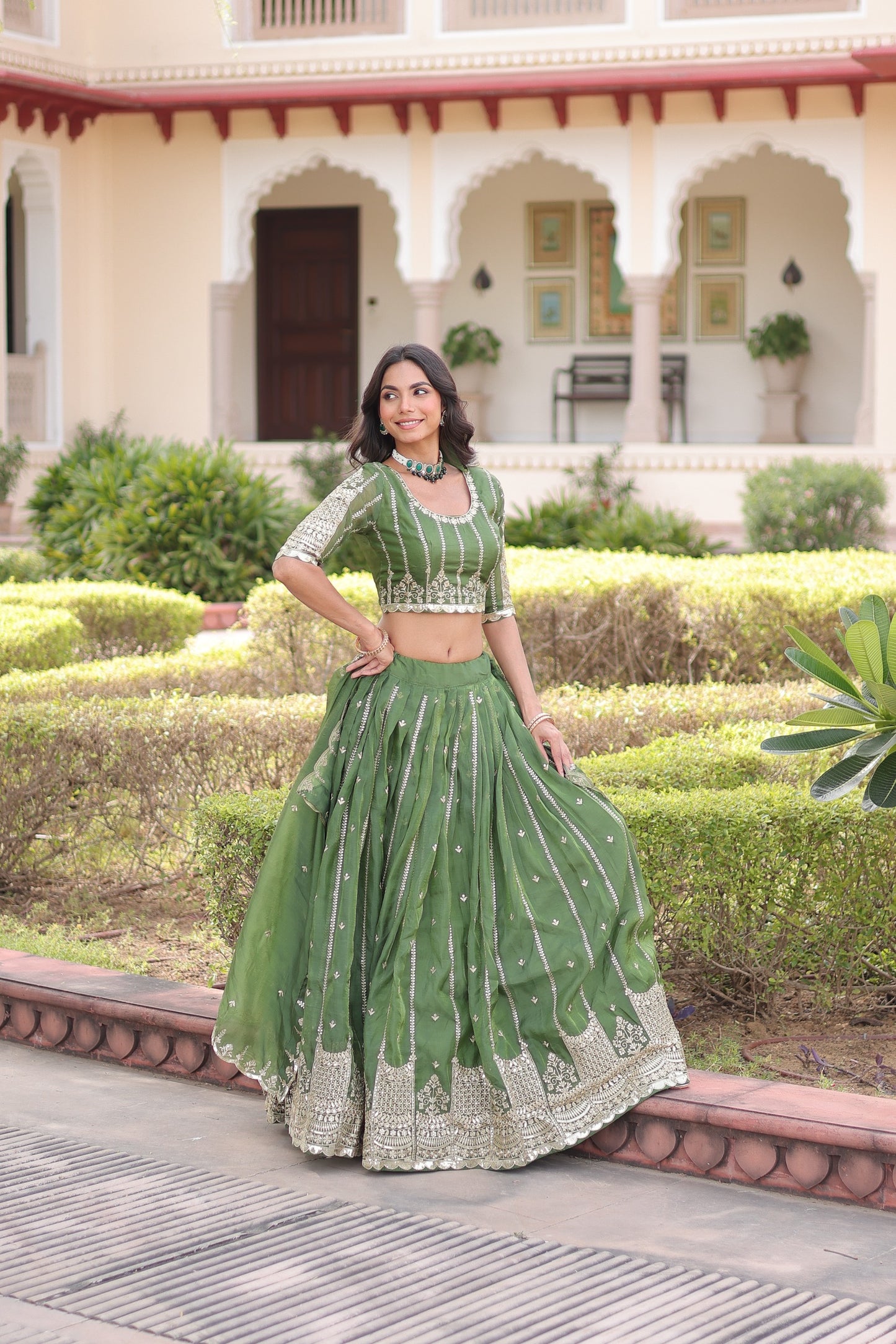 Valli Unstitched Lehenga Green