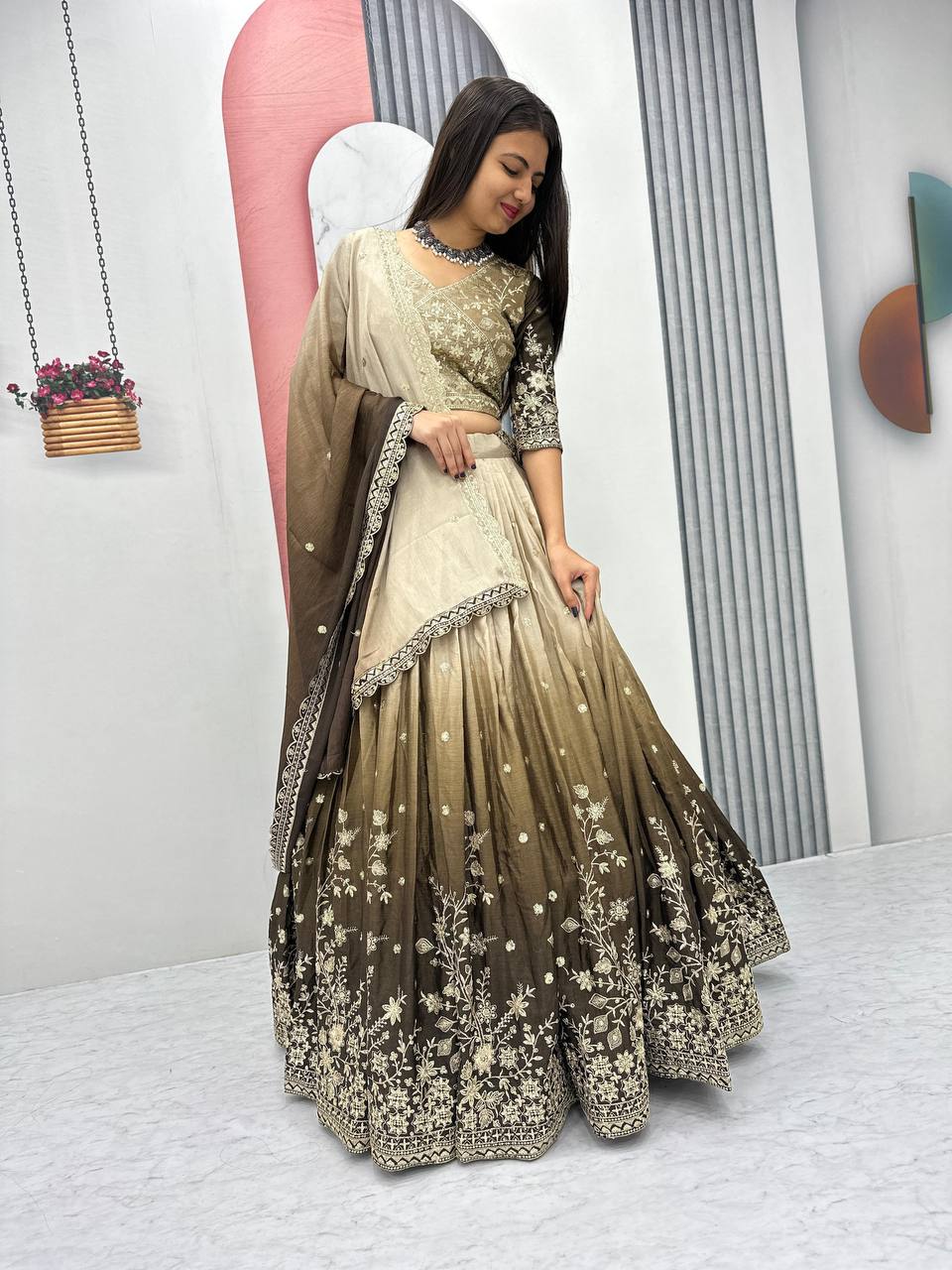 Brown Fully Stitched Lehenga