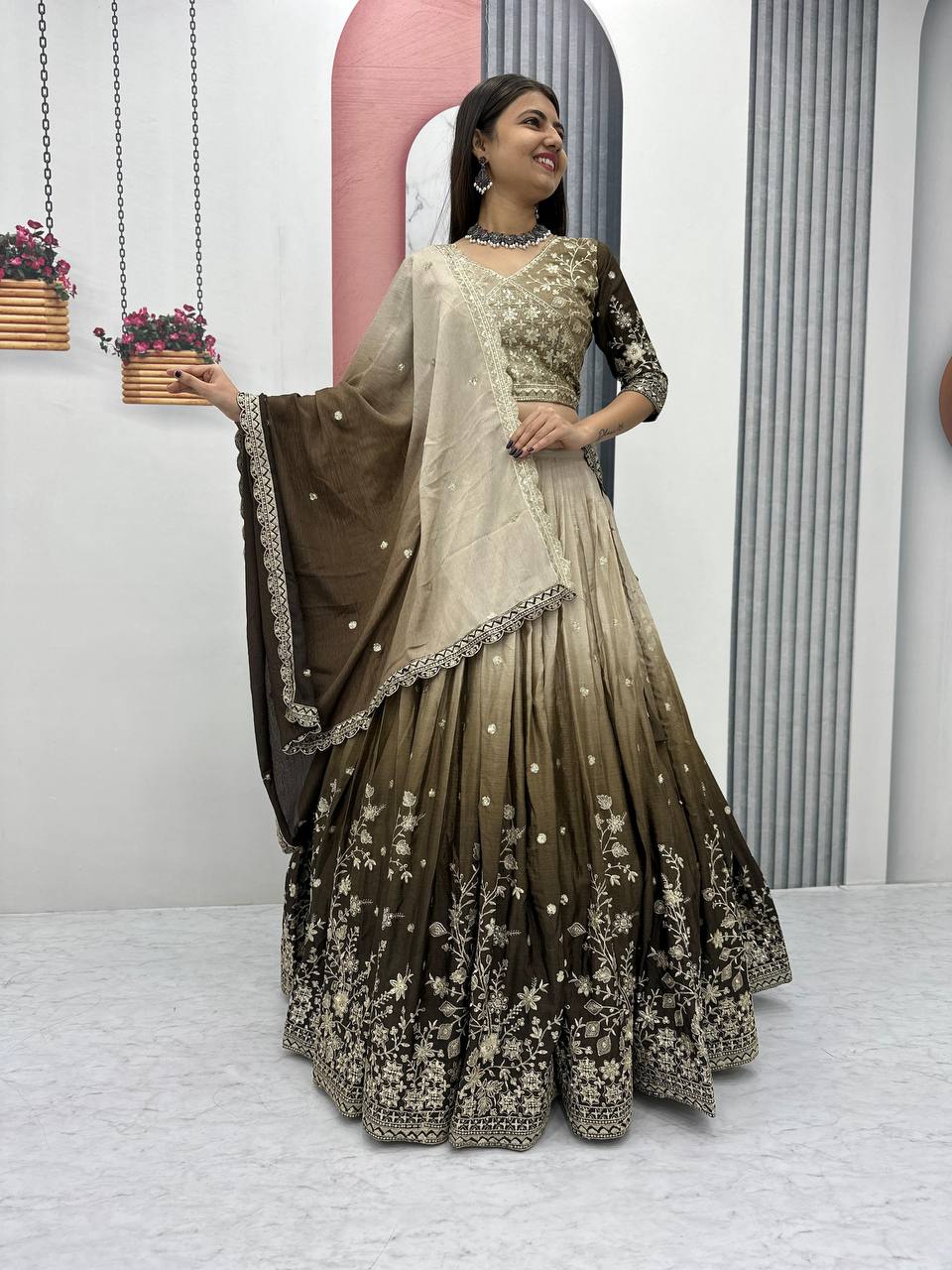 Brown Fully Stitched Lehenga