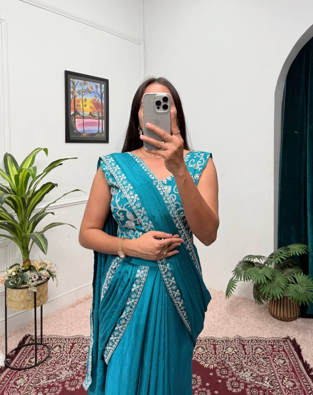 Ready To Wear Saree with Readymade Blouse Blue