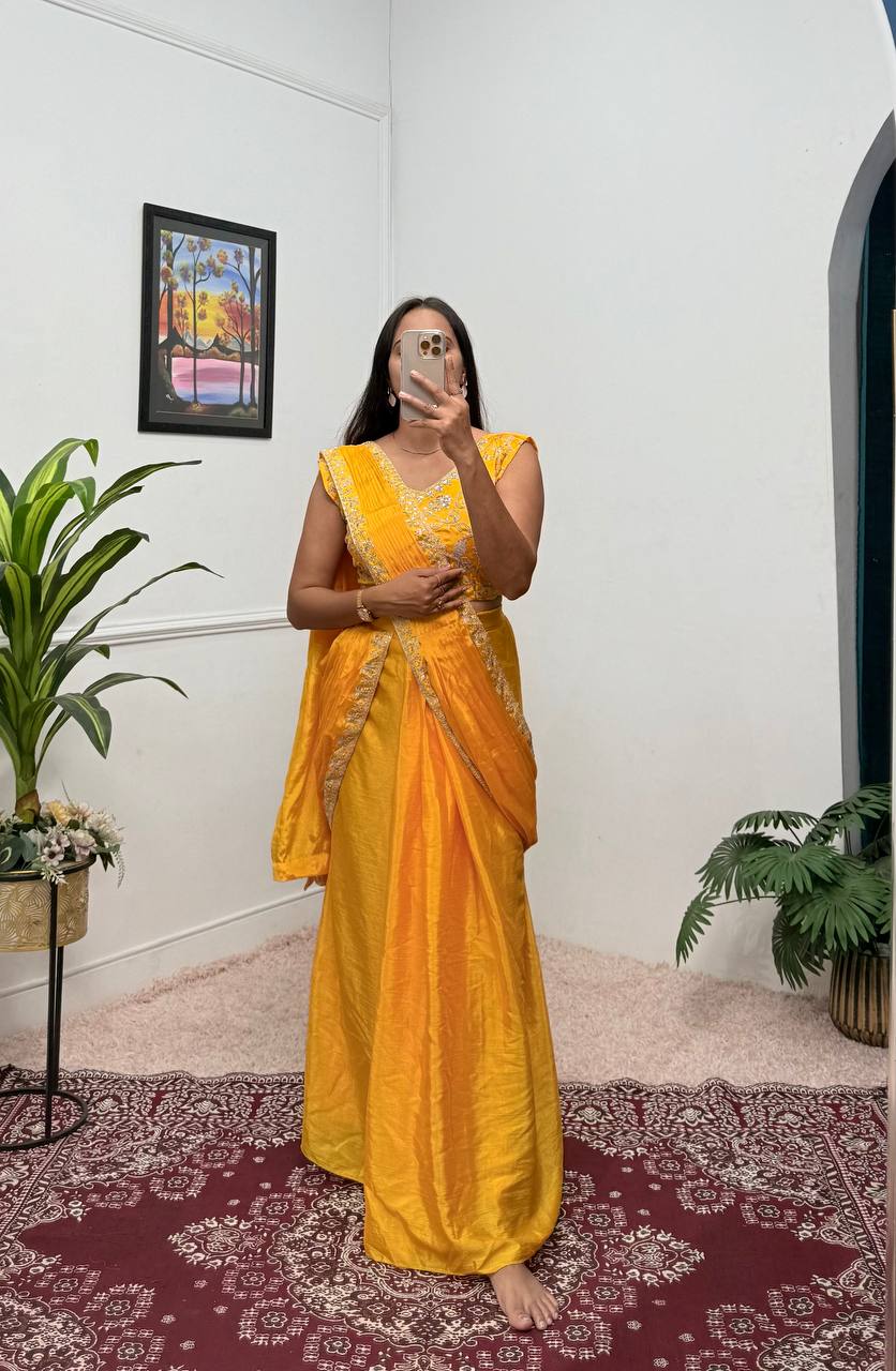 Ready To Wear Saree with Readymade Blouse Yellow