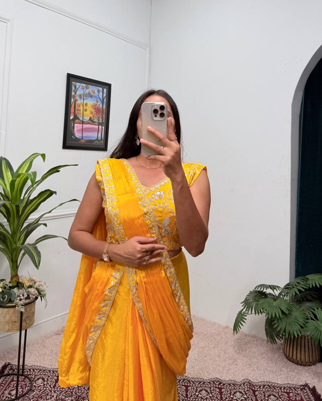 Ready To Wear Saree with Readymade Blouse Yellow