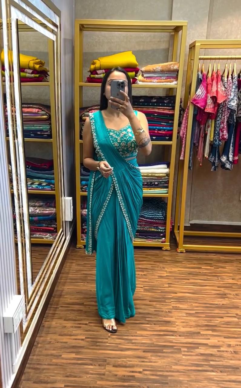 Ready To Wear Saree with Readymade Blouse Blue