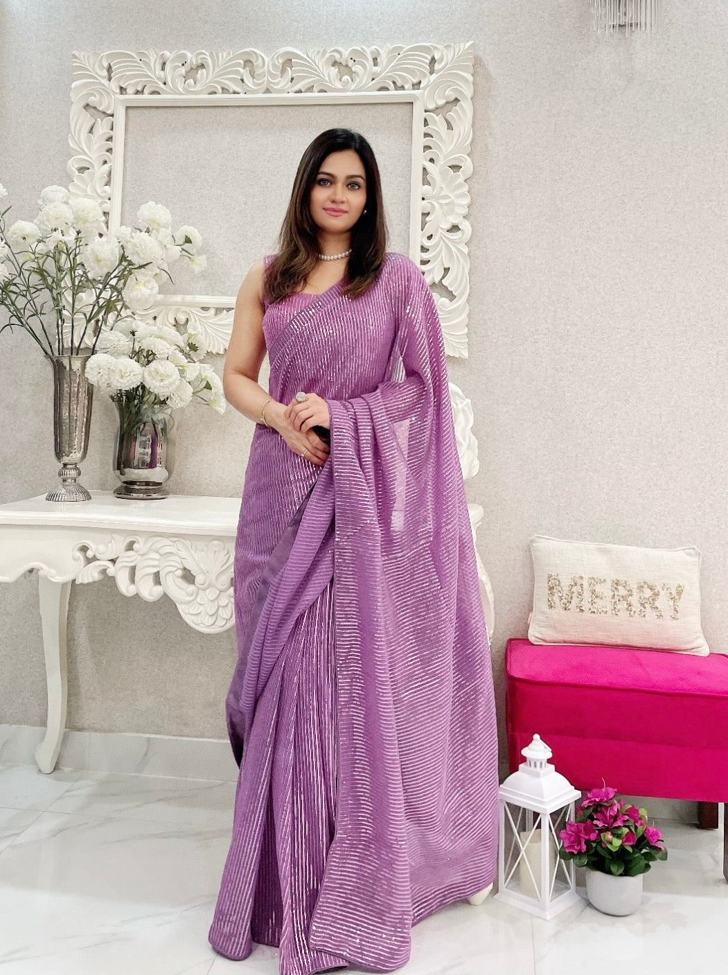 Ready To Wear Sequin Saree Lilac