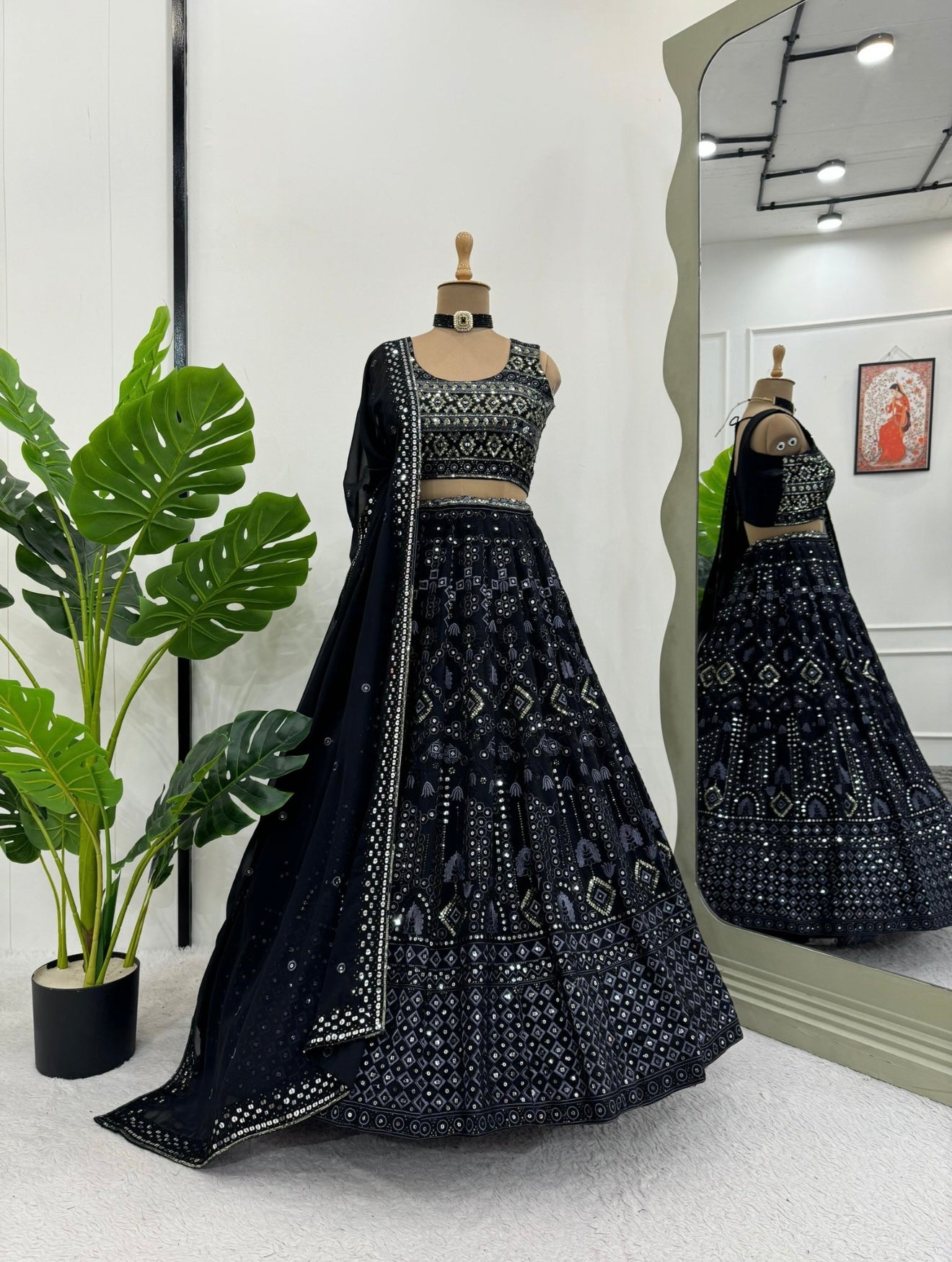 Kamsika Unstitched Lehenga Black