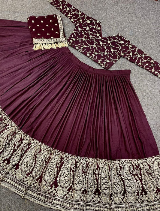 Unstitched Maroon Lehenga