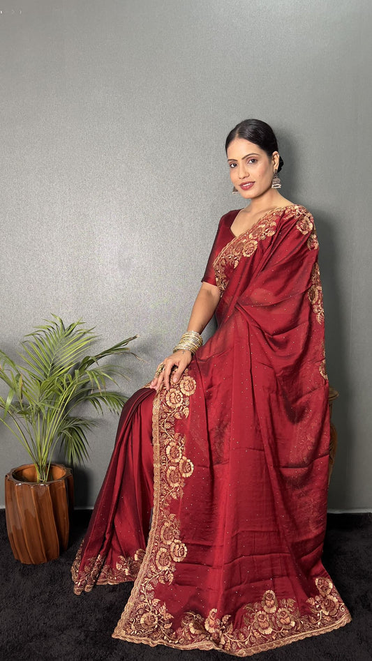 Siyamala Ready To Wear Saree Bordeaux with Stitched Blouse