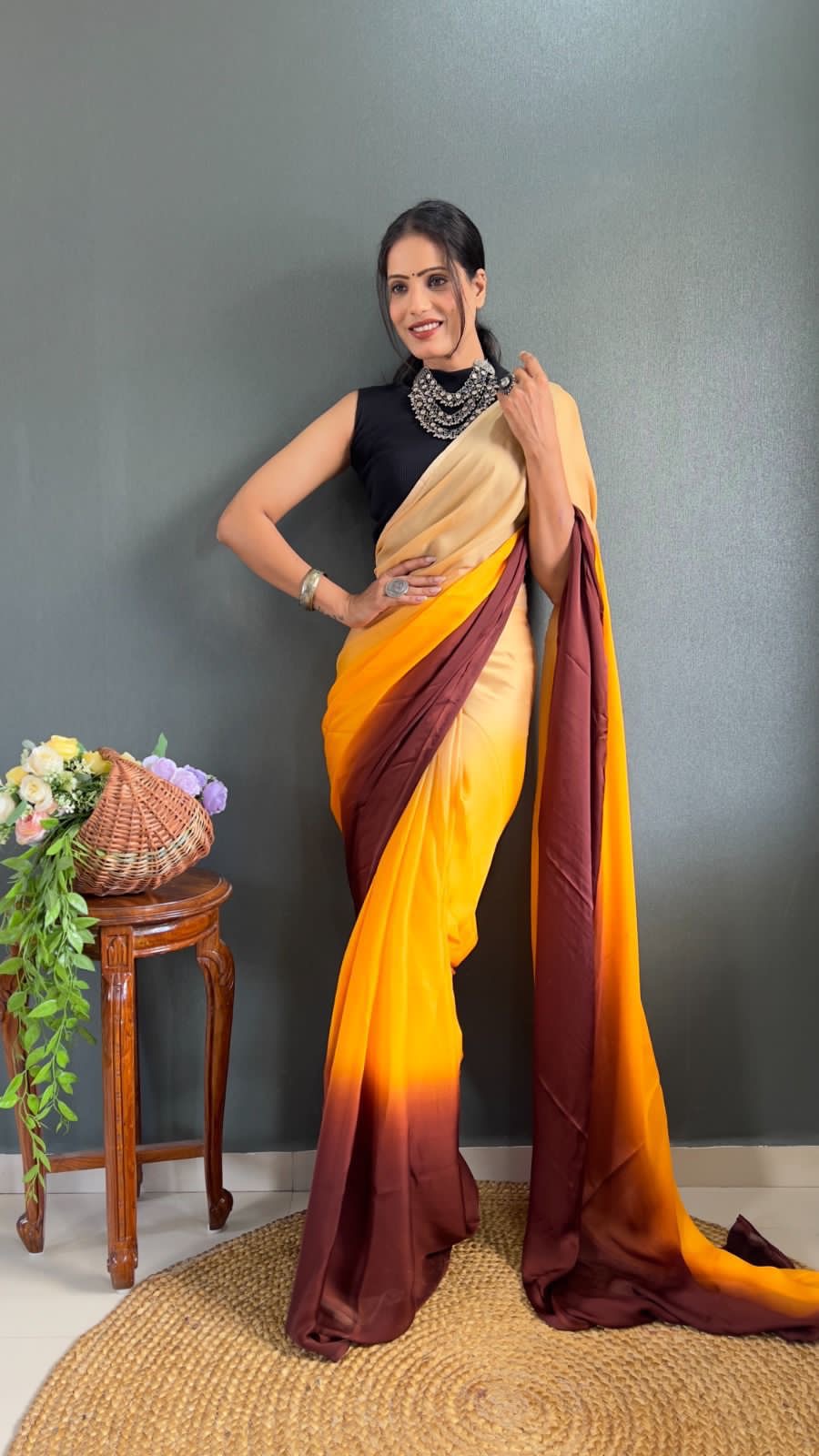 Ready To Wear Saree Brown/Yellow