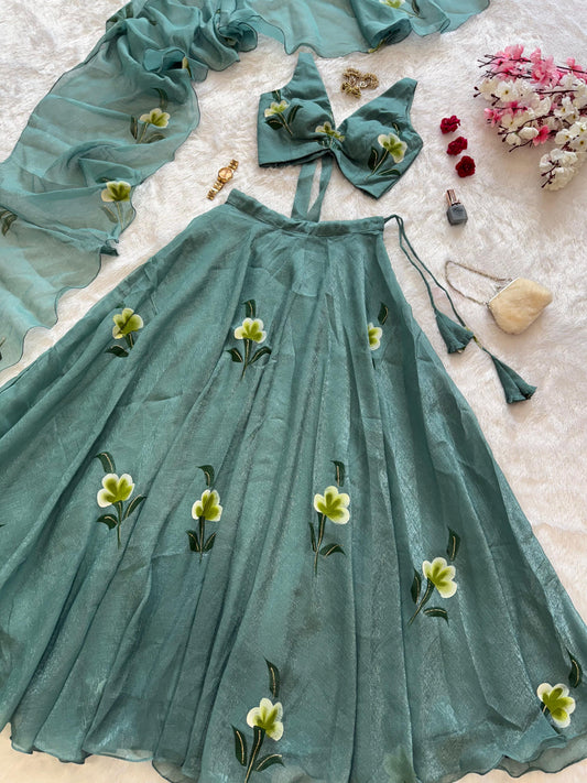 Srisha Fully Stitched Lehenga Green