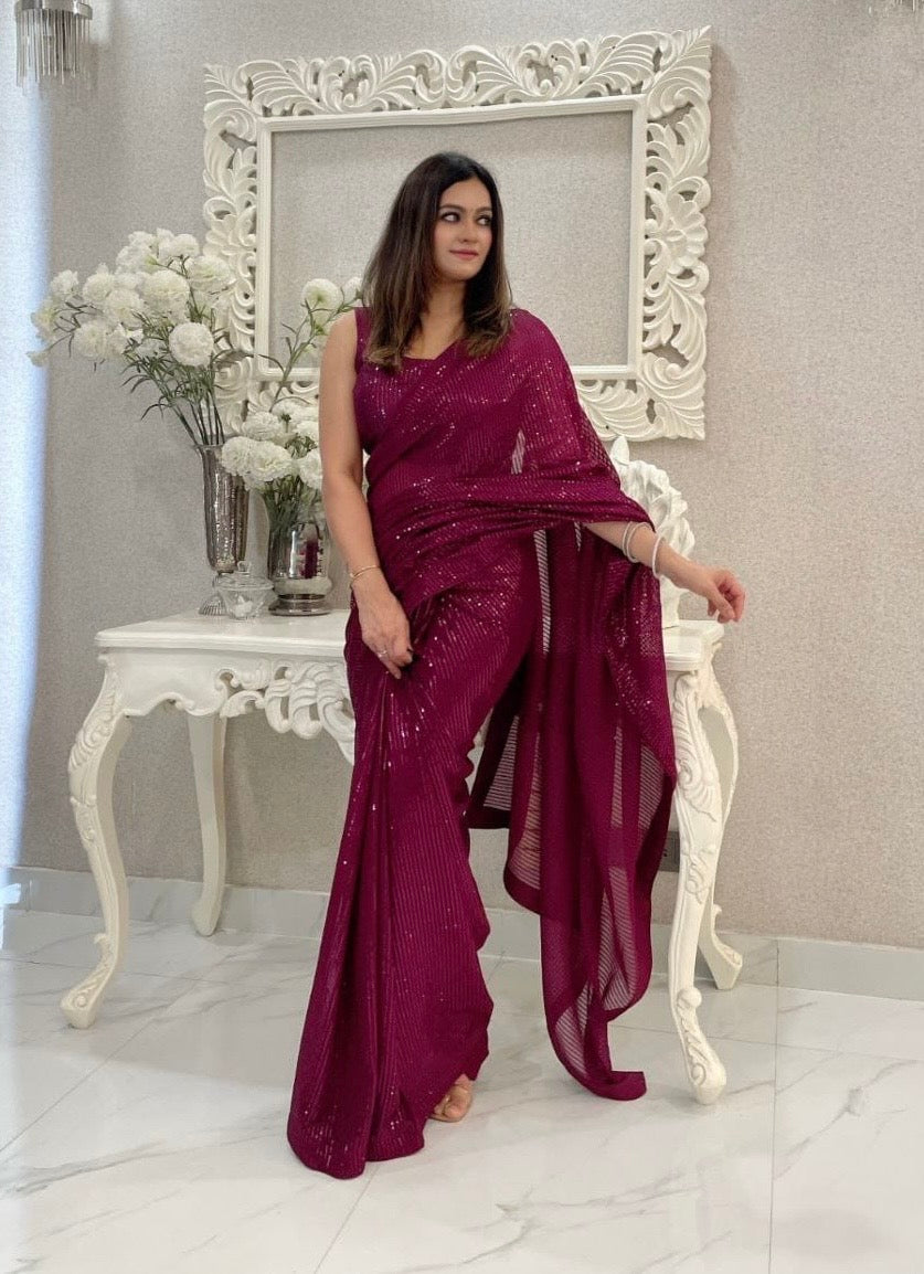 Ready To Wear Sequin Saree Magenta