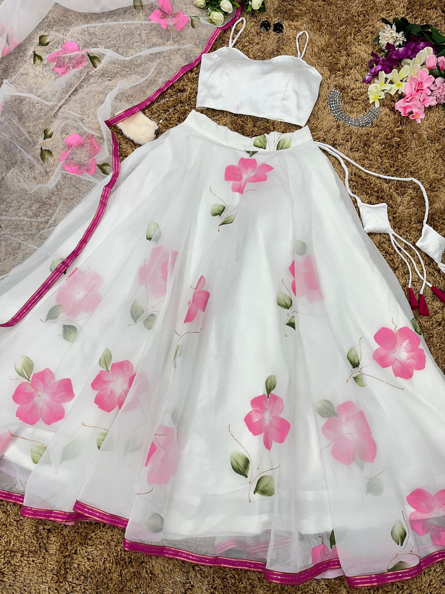Poodja Fully Stitched Lehenga White