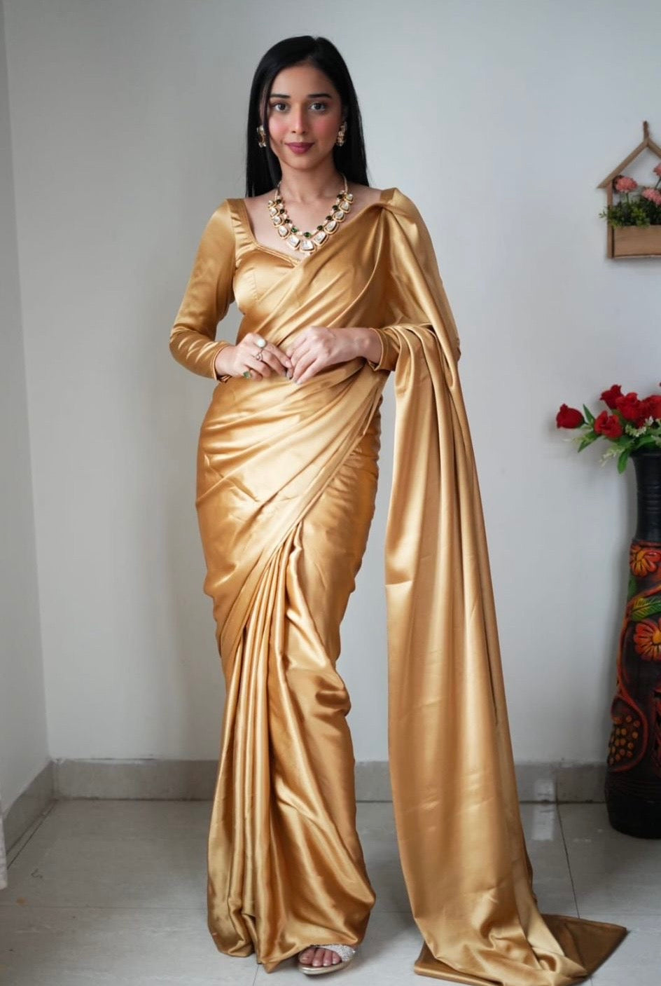 Ready To Wear Satin Saree Gold