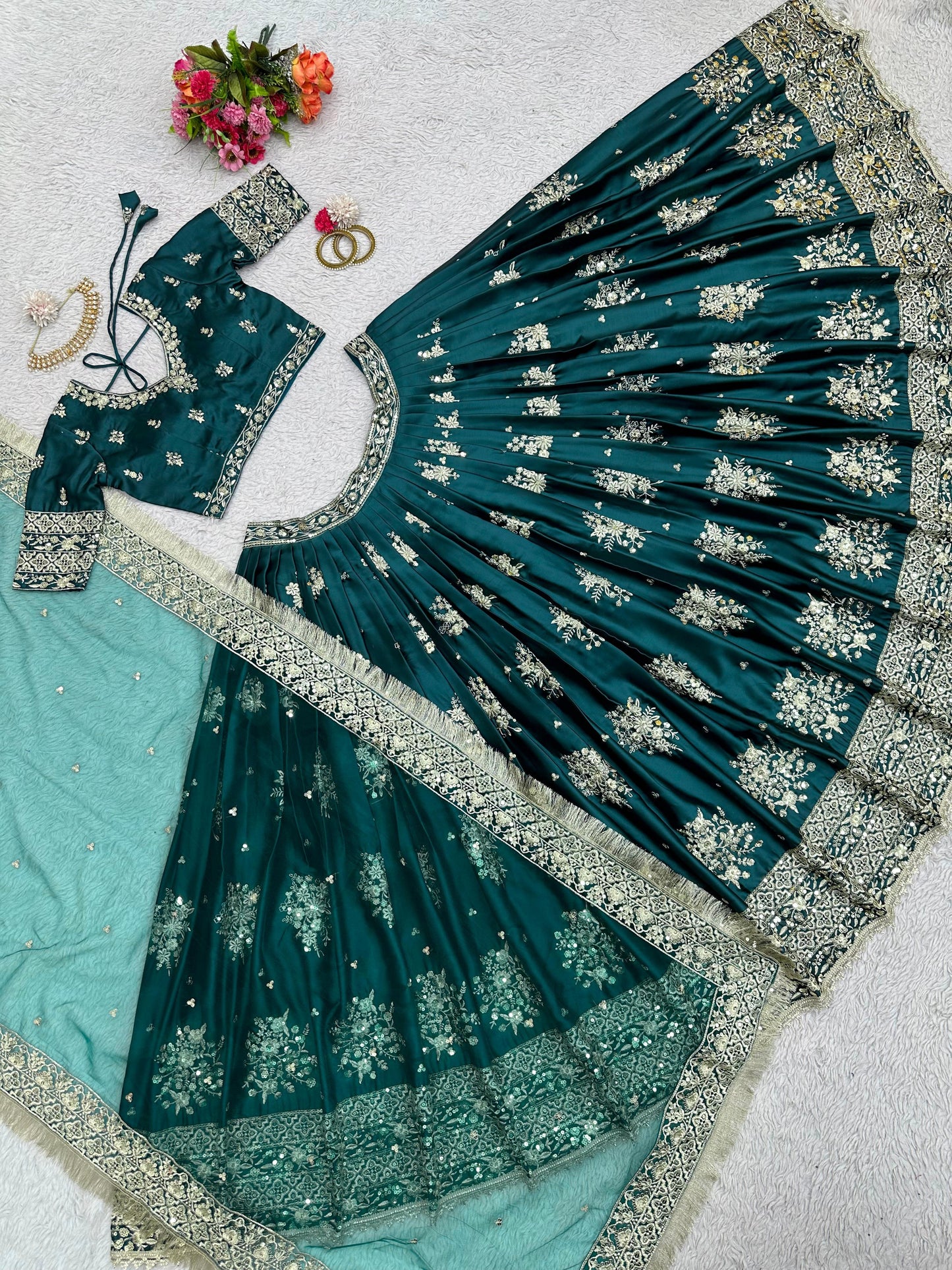 Aliya Unstitched Lehenga Turquoise