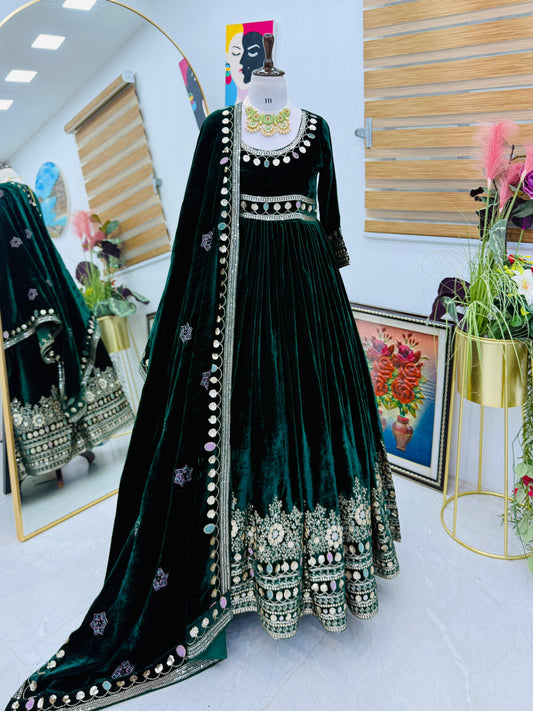 Riddhi Velvet Anarkali Green