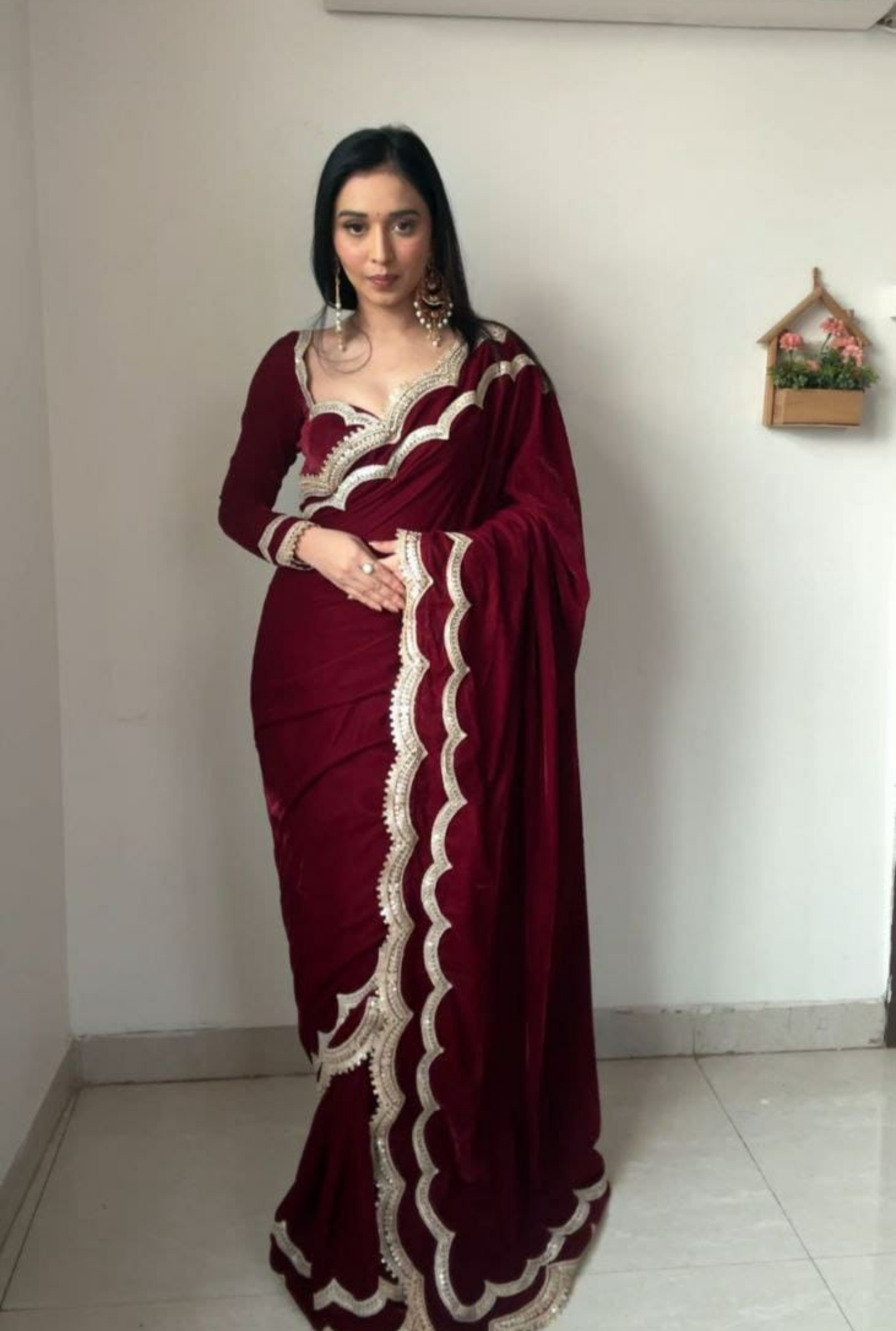 Ready To Wear Saree Velvet Dark Red