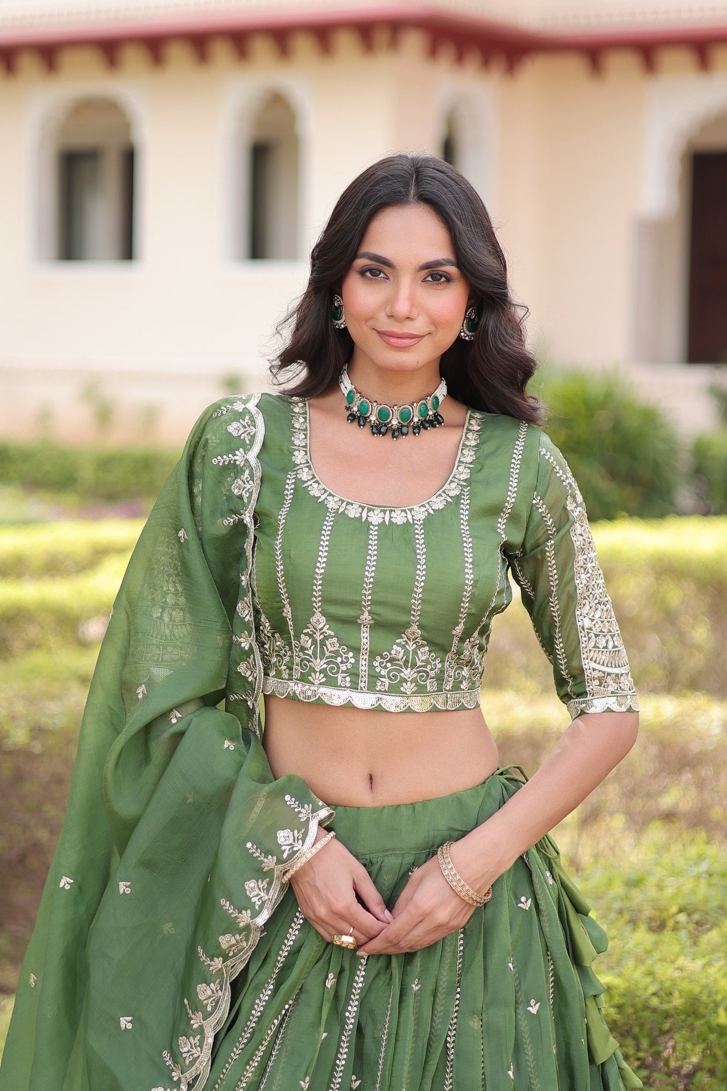 Valli Unstitched Lehenga Green