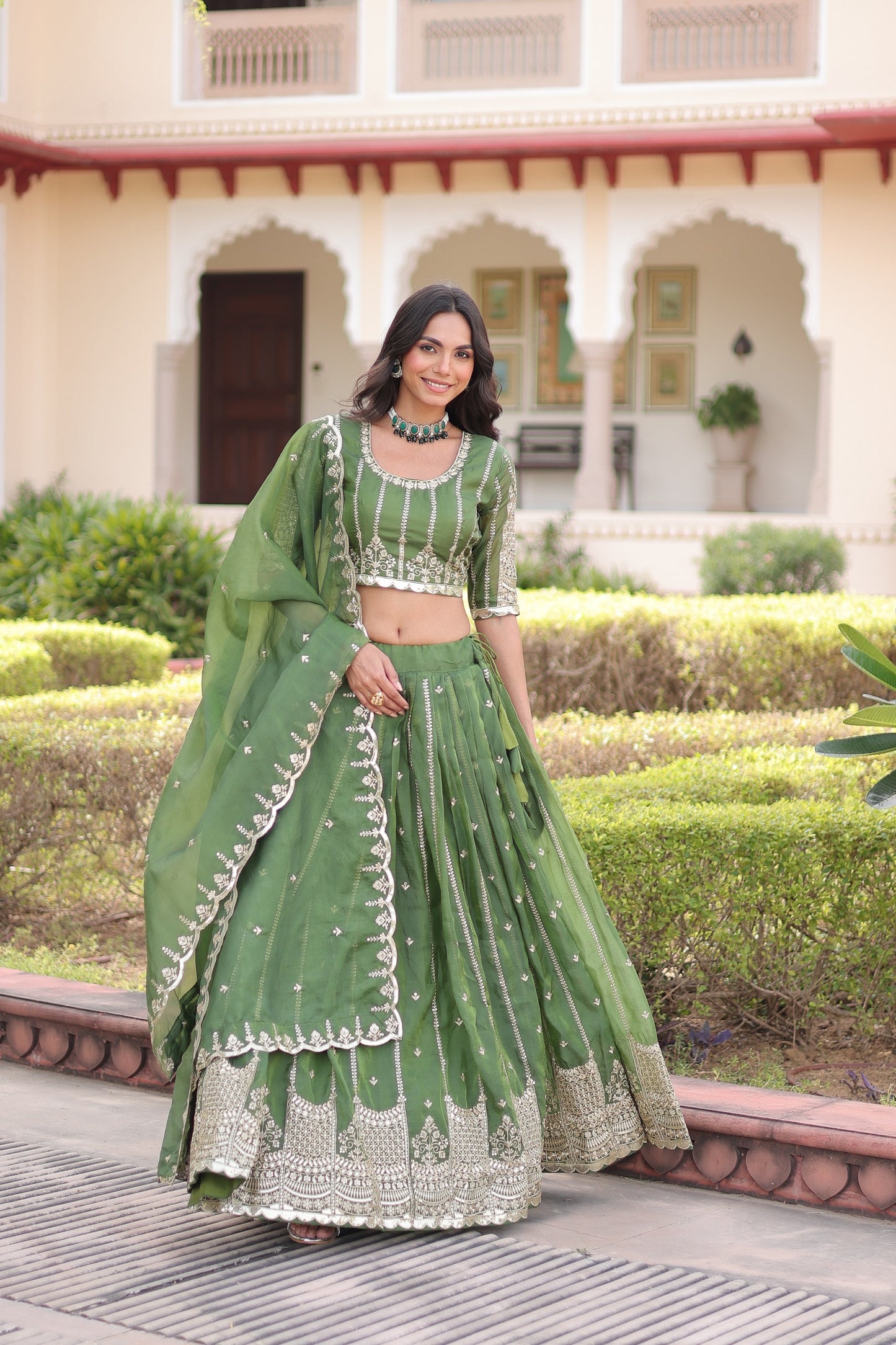 Valli Unstitched Lehenga Green
