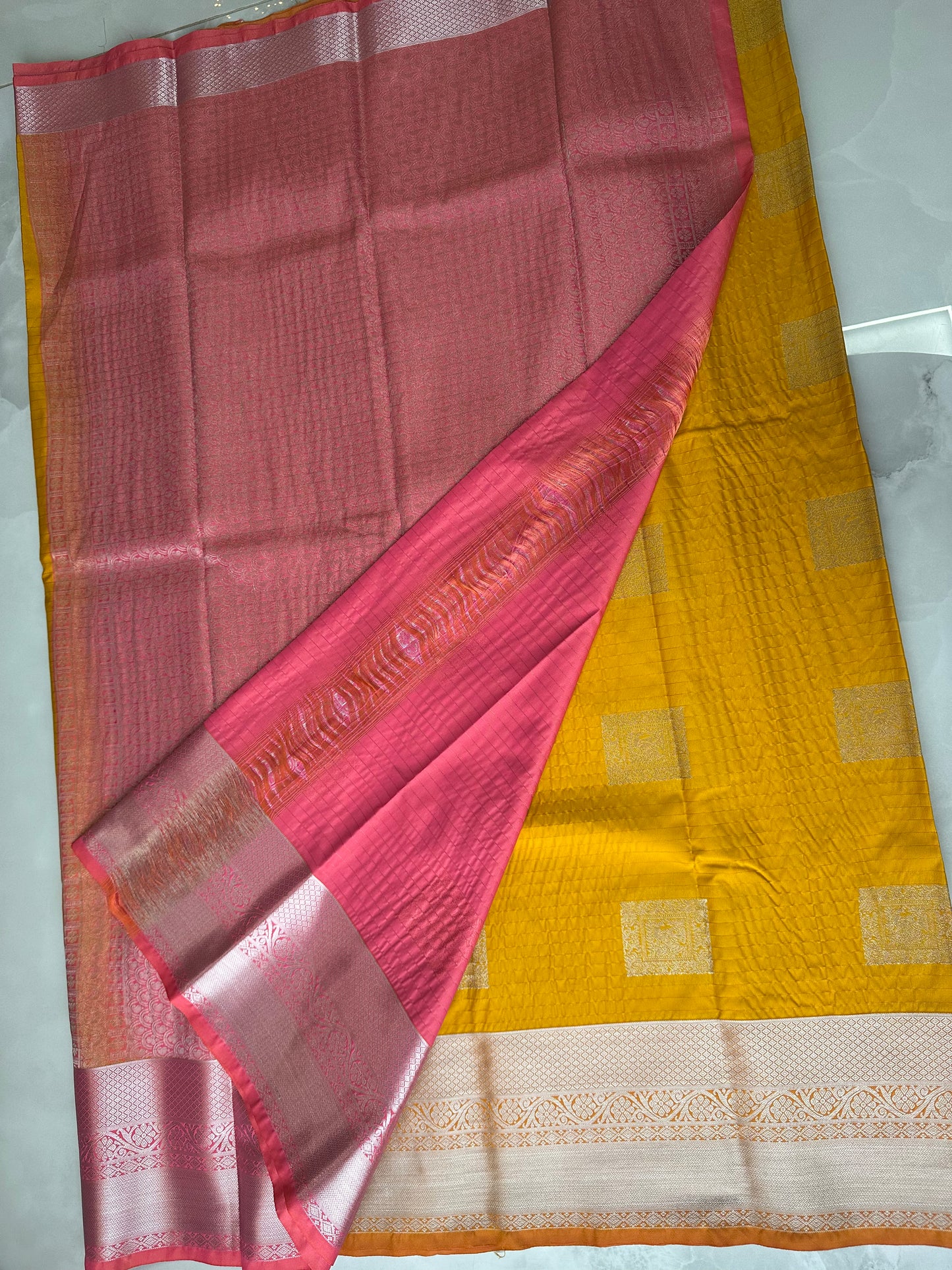 Yellow/Pink Semi Kanchipuram