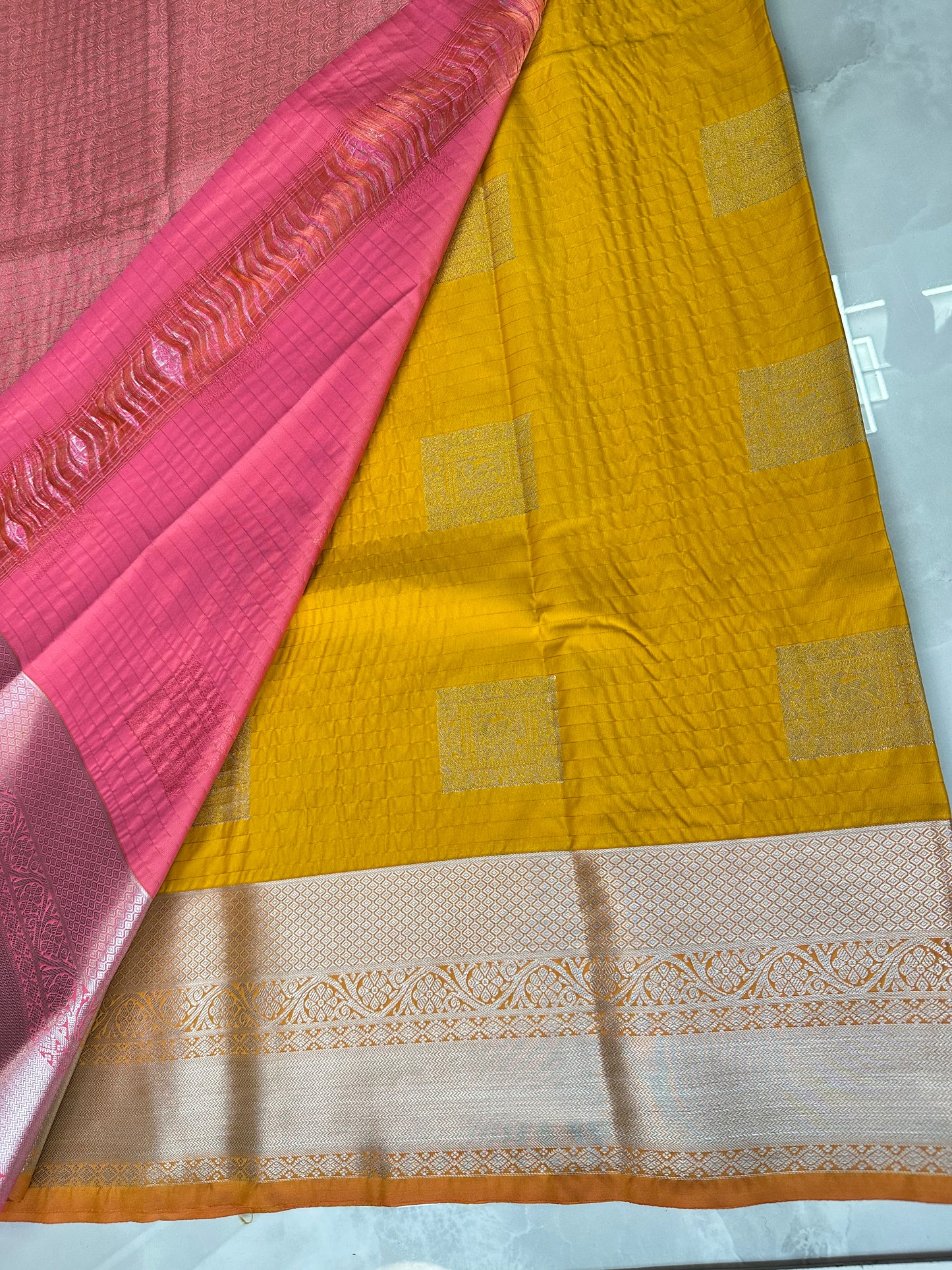 Yellow/Pink Semi Kanchipuram