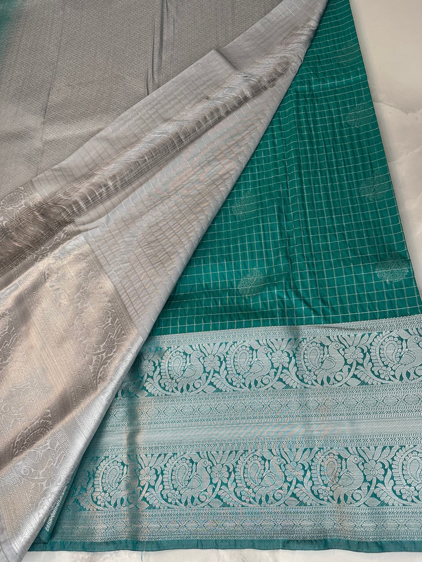 Green/Silver Semi Kanchipuram