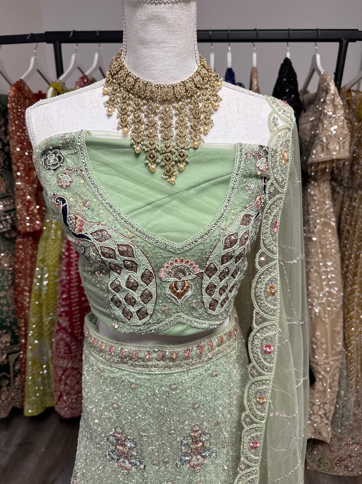 Zarielle Unstitched Lehenga Green