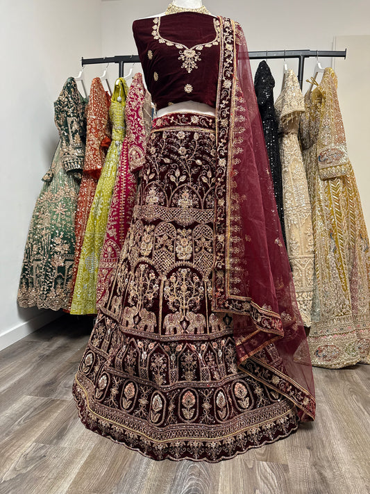 Sarielle Velvet Unstitched Lehenga Maroon