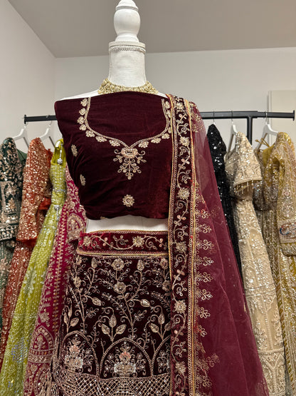 Sarielle Velvet Unstitched Lehenga Maroon