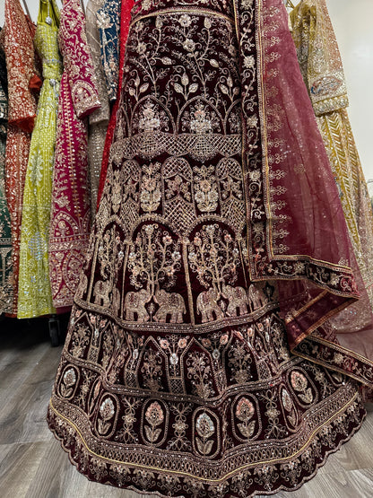 Sarielle Velvet Unstitched Lehenga Maroon