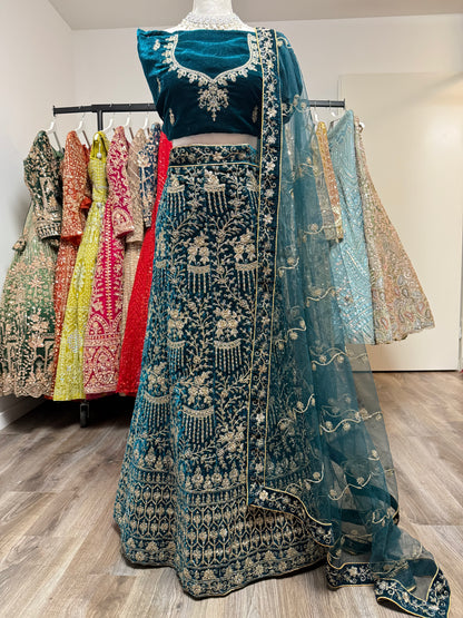 Avelina Velvet Unstitched Lehenga Blue