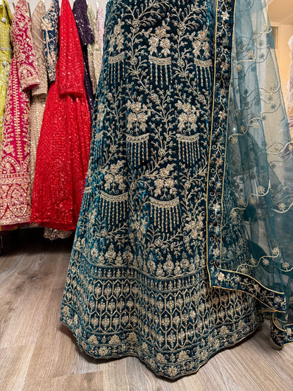 Avelina Velvet Unstitched Lehenga Blue