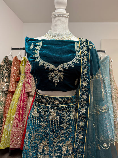 Avelina Velvet Unstitched Lehenga Blue
