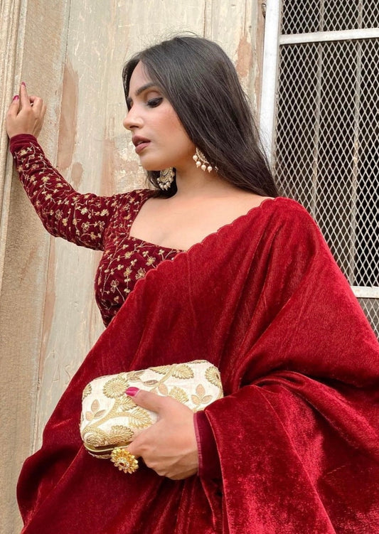 Velvet Saree Red