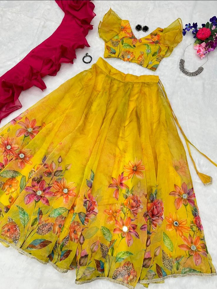 Yellow/Pink Floral Full Stitched Lehenga