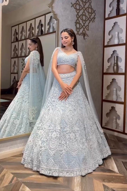 Unstitched Light Blue Lehenga