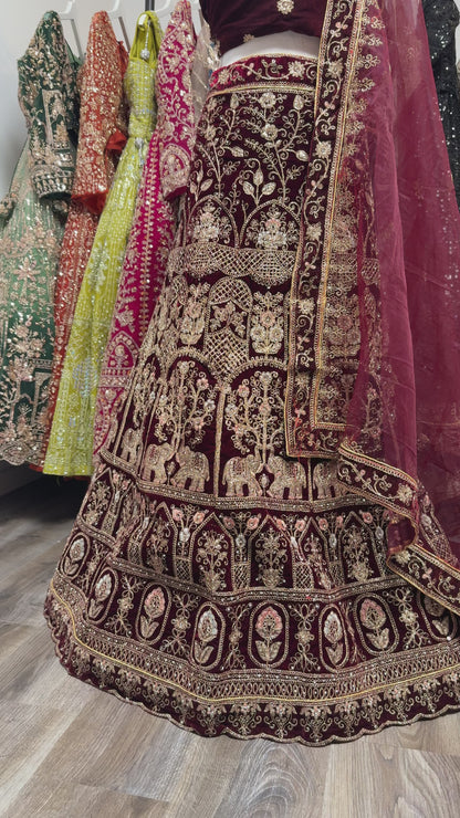Sarielle Velvet Unstitched Lehenga Maroon